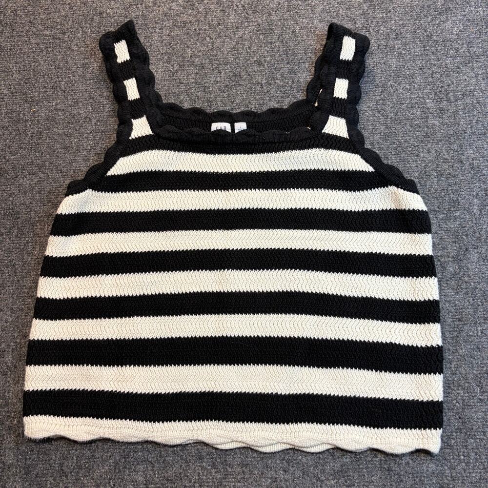 GAP Black White Striped Crochet Knit Crop Tank Top Scalloped Cotton Women Large